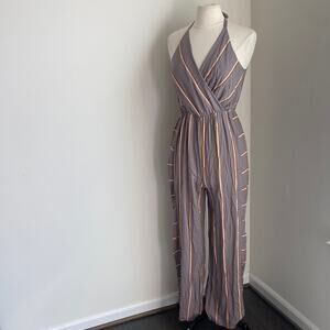 XHILARATION Halter Jumpsuit Womens Sz Medium Grey Striped Pant Coastal
